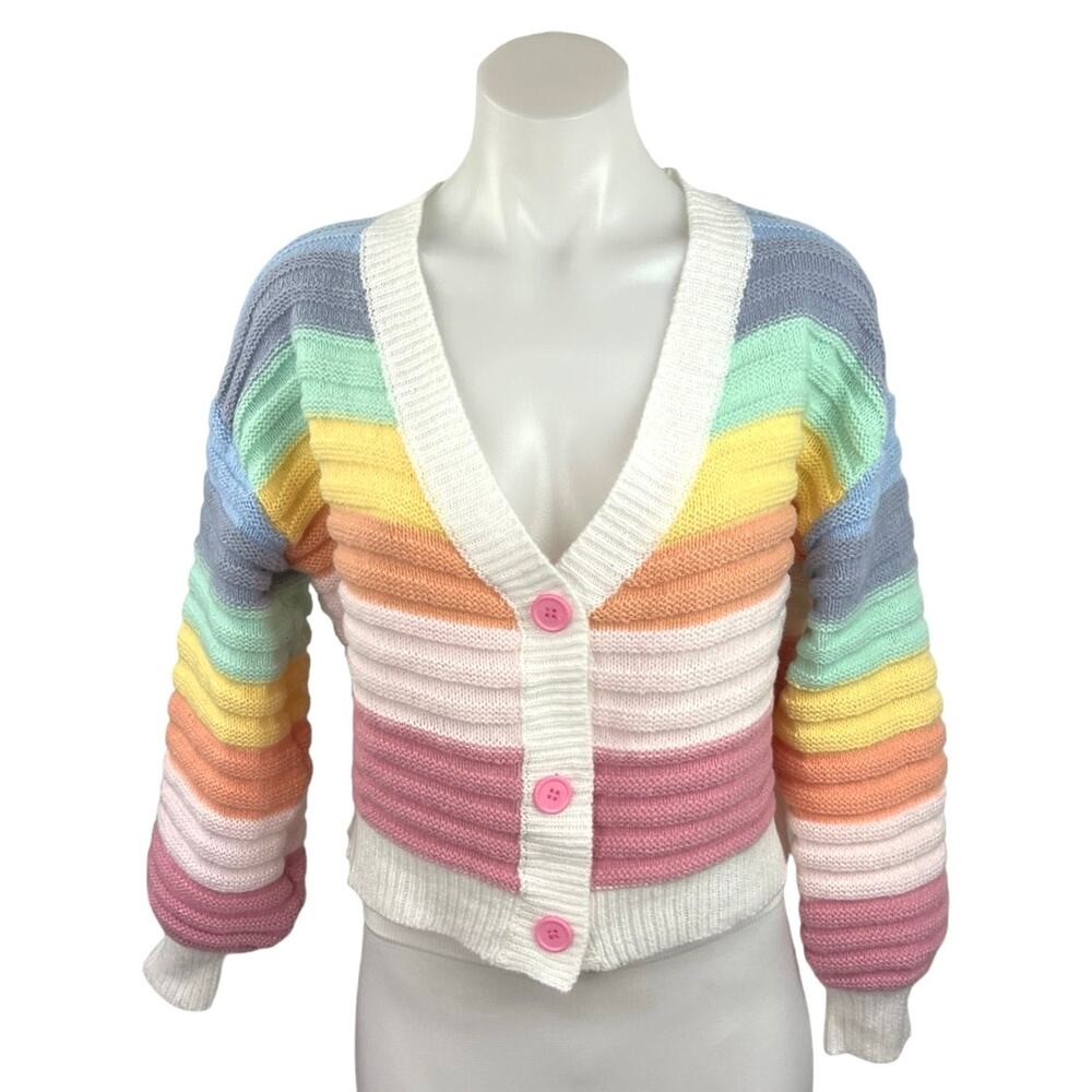 Womens Rainbow Striped Color Block Button Long Sleeve Cardigan Sweater Top Sz M